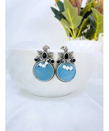 Sky-Blue Oxidized Silver Traditional Drop Earrings for Weddings and Festivals